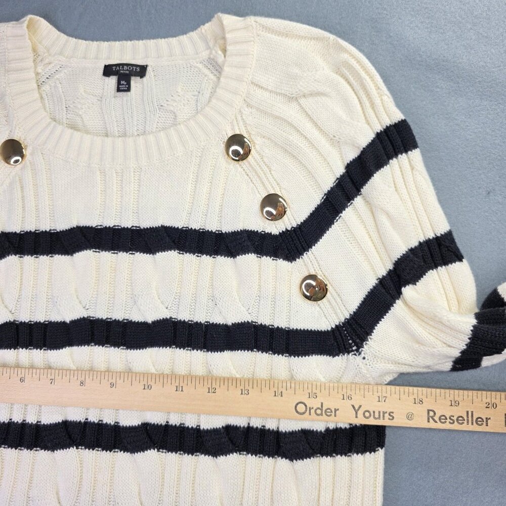 Talbots Sweater Womens M Petite White Blue Striped Cable Knit Nautical Preppy - Picture 5 of 10
